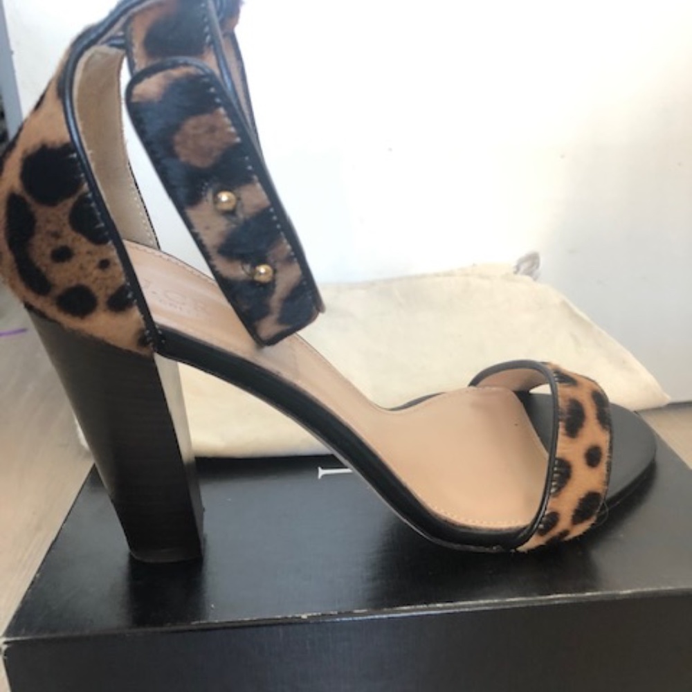 JCREW LANIE LEOPARD CALF HAIR STACKED HEEL SANDALS - SZ 7 NWT